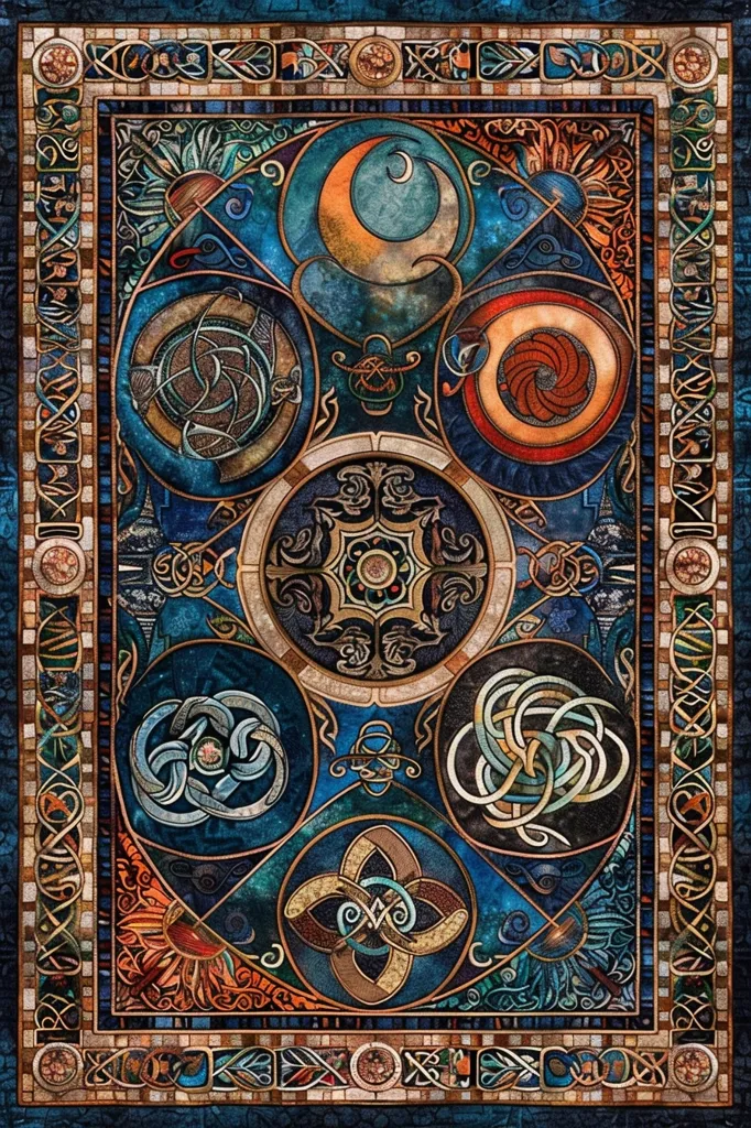 The image shows a square, intricate design with a blue background. There are seven circular shapes within the square, each containing a different design. The shapes are arranged in a grid formation, with the central shape being a golden-colored star. The surrounding shapes have a mix of geometric and organic patterns, and are primarily colored in shades of blue, brown, and orange. The edges of the square are adorned with a detailed border that complements the designs within.  The image feels mystical and ancient.