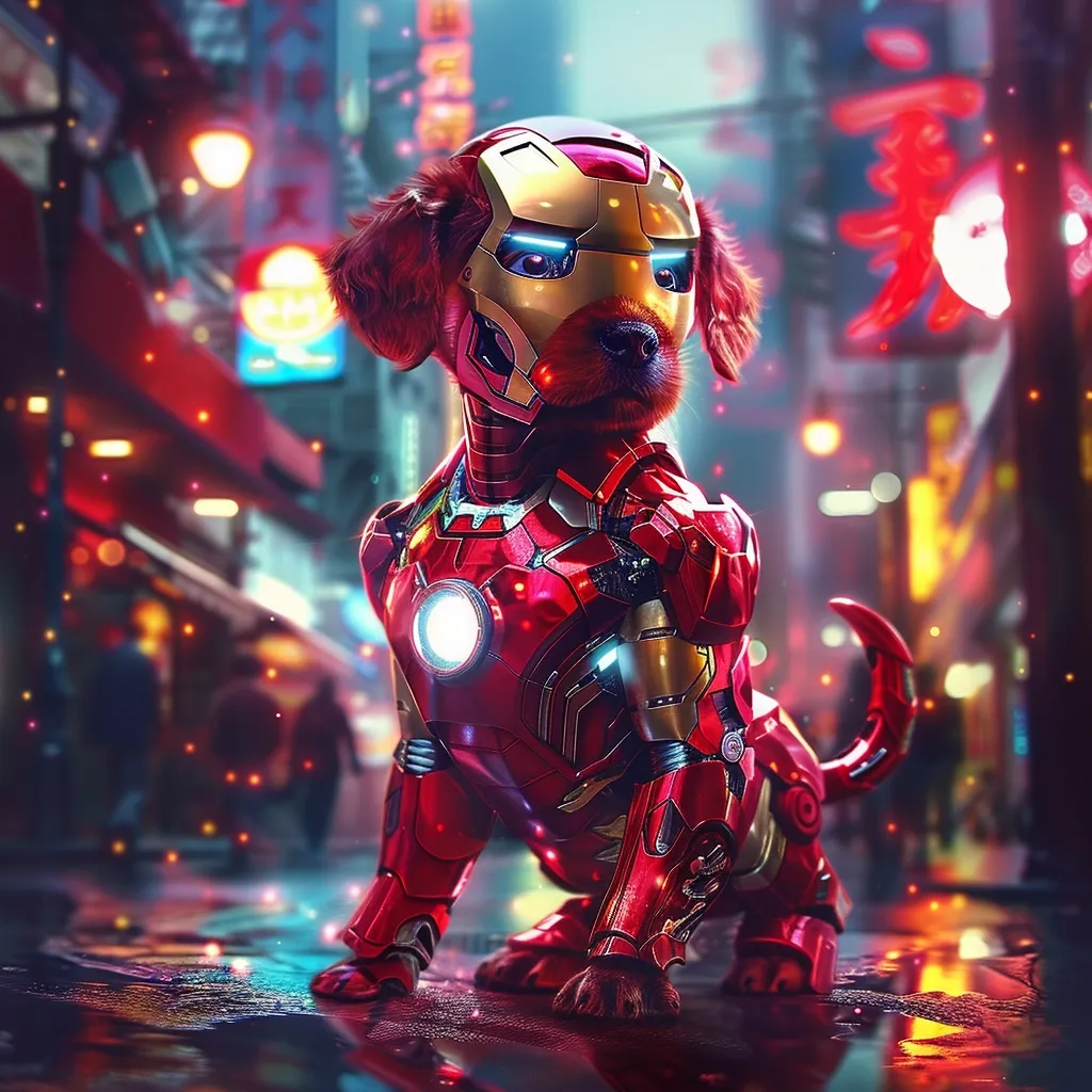 A dog wearing a red and gold Iron Man suit stands in a city street, illuminated by neon lights. The dog's face is partially obscured by the mask, but its eyes are visible.  The suit is detailed with glowing lights and intricate mechanical components, showcasing the dog's superhero persona. The backdrop is a bustling city street, suggesting a scene of action and adventure. The image captures the unexpected juxtaposition of a cute animal and a powerful superhero.