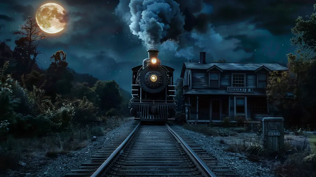 A steam locomotive travels through a dark and mysterious forest under a full moon. The train is illuminated by its headlamp and the moonlight, casting long shadows on the tracks and surrounding trees.  A weathered wooden building sits beside the tracks, hinting at a forgotten town.  The atmosphere is eerie and evocative, suggesting a sense of adventure and the unknown.