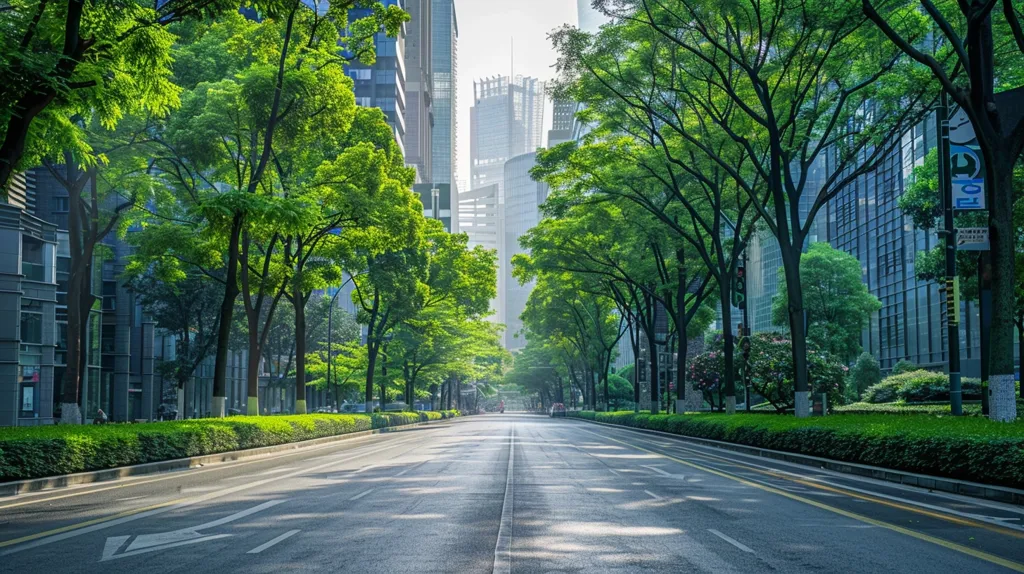 A deserted city street lined with lush green trees. Tall office buildings rise up on either side, creating a sense of urban grandeur. The road stretches out ahead, disappearing into the hazy distance, inviting the viewer to imagine the bustling city life beyond. The scene captures the harmonious coexistence of nature and architecture in a modern cityscape.