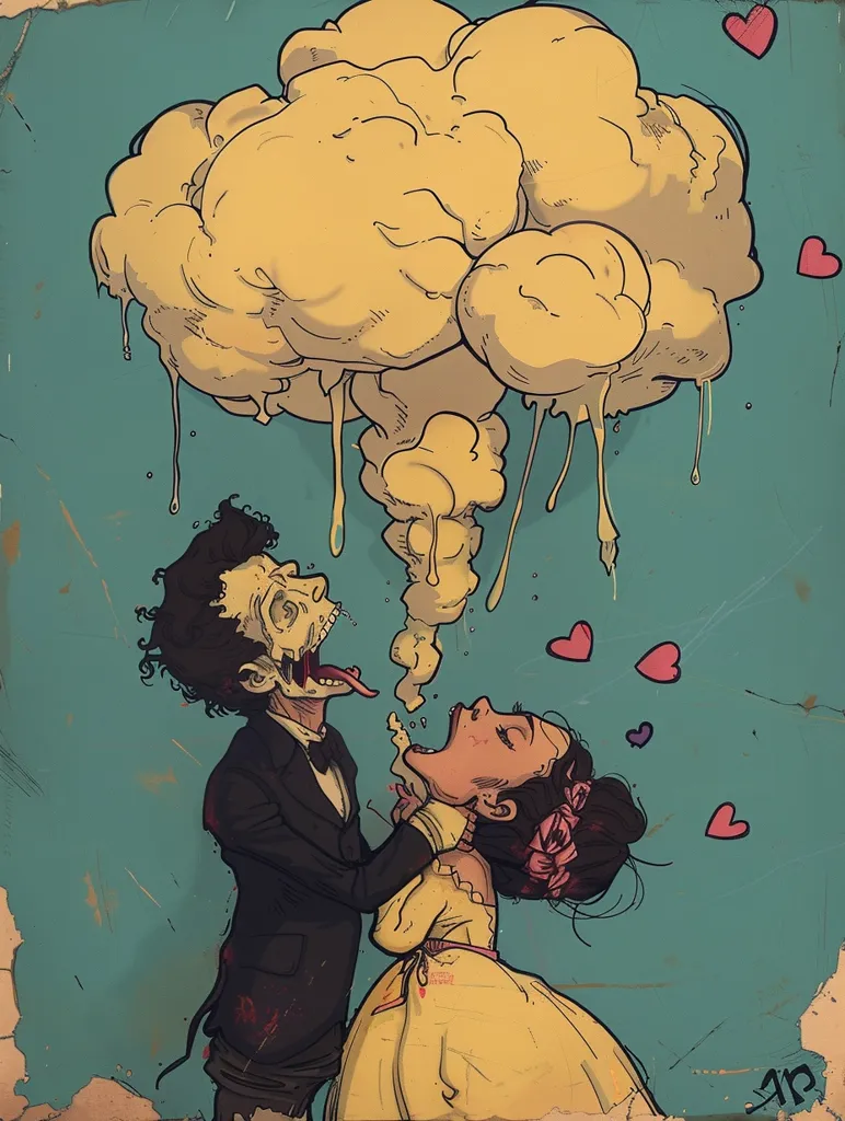 The image depicts a cartoon couple, a zombie groom in a tuxedo and a bride in a yellow dress, amidst a swirling cloud of yellow smoke. The groom is giving the bride a kiss, but instead of a sweet kiss, it is a cloud of smoke emerging from his mouth. Pink hearts are scattered around the image, symbolizing love, but the overall tone is whimsical and darkly humorous.  The image is drawn in a graphic style with bold lines and vibrant colors.