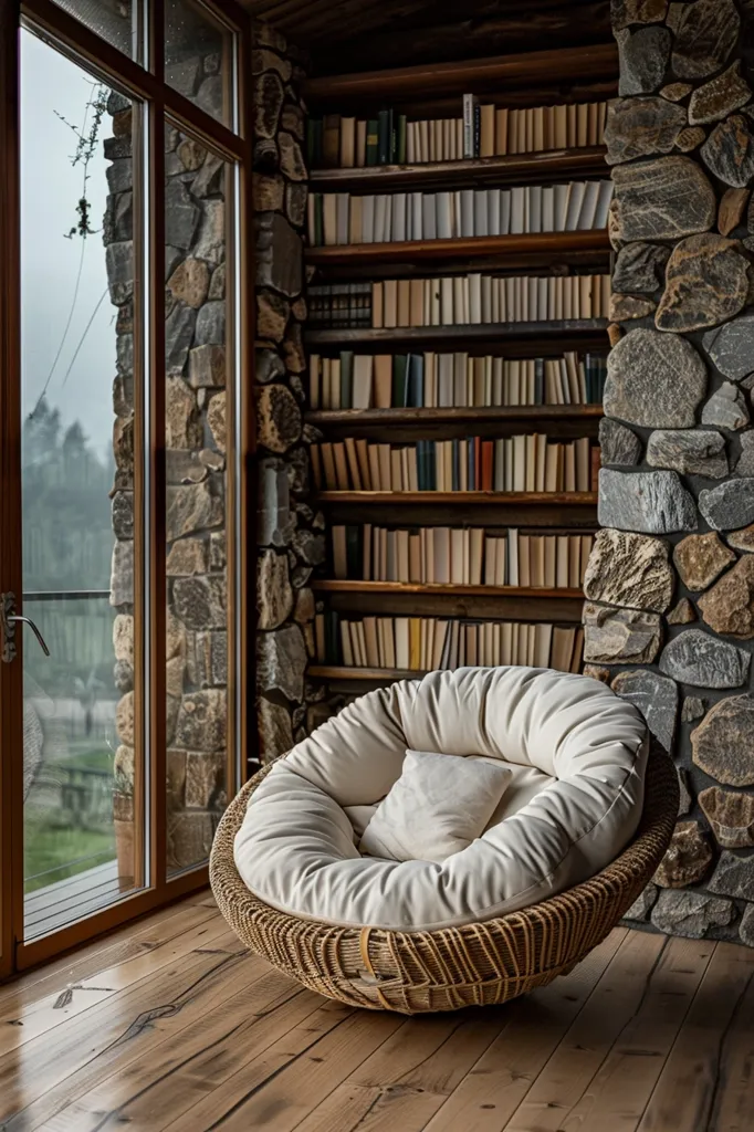 A cozy wicker chair sits in a room with a large window overlooking a green forest. The chair is plump with cushions and invites relaxation. A bookshelf filled with books lines the wall, promising hours of reading enjoyment. Stone walls add a rustic touch to the space, creating a warm and inviting atmosphere.