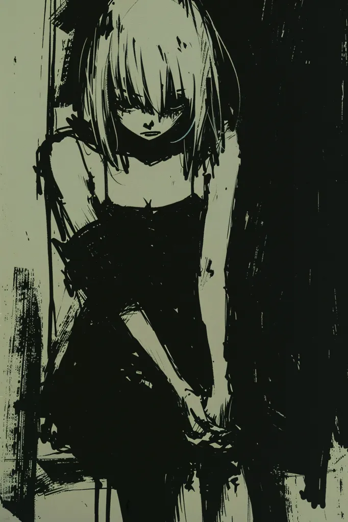 The image shows a black and white drawing of a young woman with long, straight hair. She is wearing a black dress and her head is bowed, creating a somber mood. The brushstrokes are loose and expressive, adding to the image's artistic quality. The background is dark, creating a sense of isolation.  The overall effect is one of sadness and introspection.