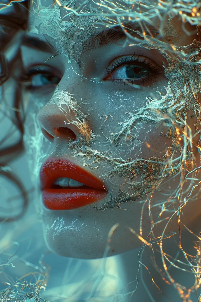 A close-up of a woman's face, partially obscured by a web of golden, translucent tendrils. Her bright, blue eye is visible, as well as her red lips. The image has a dreamy, ethereal quality, suggesting a magical or fantastical setting.