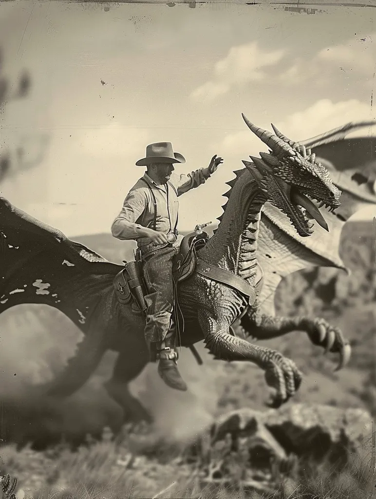 A cowboy, wearing a hat and suspenders, rides a dragon through the air. The dragon has its wings out, and the cowboy is holding onto the reins. The image is in black and white, giving it a vintage feel. The background is blurry, highlighting the cowboy and dragon.  The image looks like a photograph taken from a long time ago.