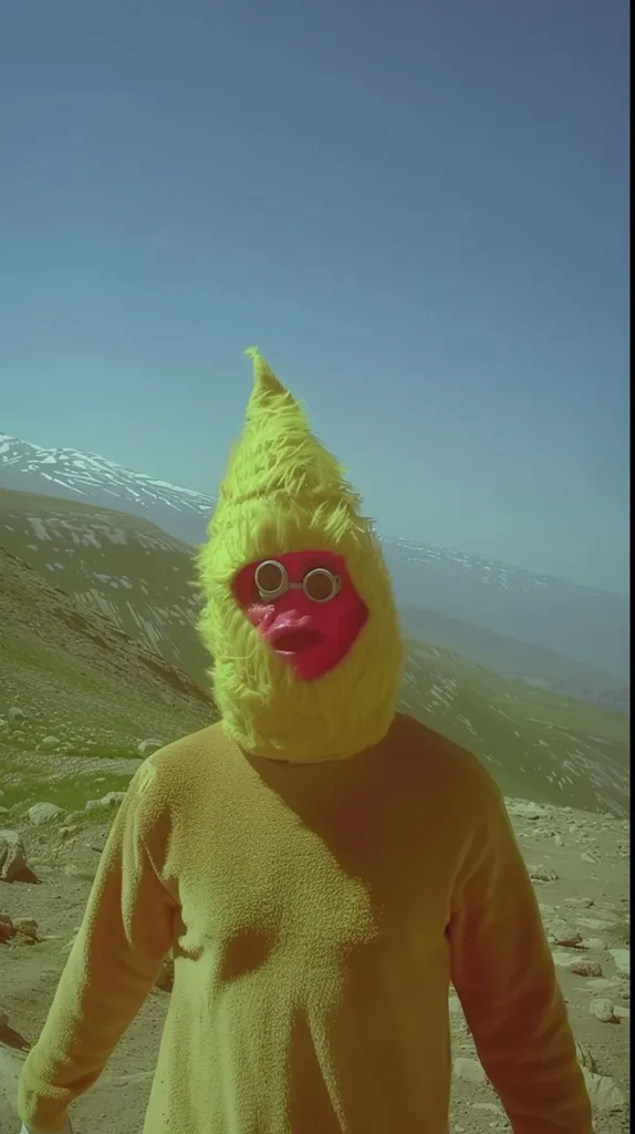 A person wearing a bright yellow fuzzy costume with a red face and goggles stands in front of a mountainous landscape. The sky is a clear blue, and the mountain in the background has a layer of snow on top. The photo has a vintage filter applied. The person’s costume has a pointy top and the edges are blurred.  They are facing the camera and appear to be looking ahead.  The photo is taken from a low angle.