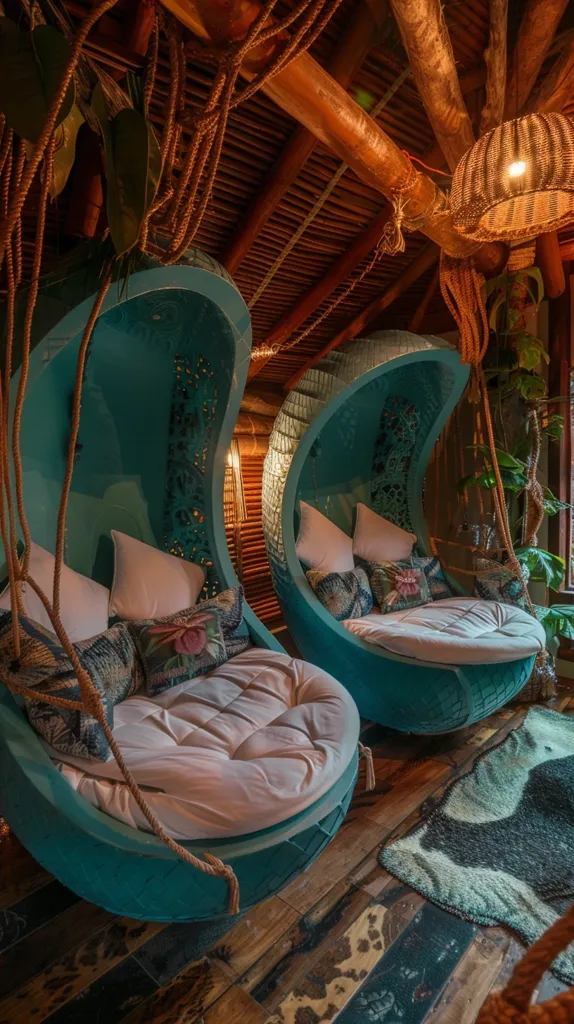 Two large, turquoise, egg-shaped chairs hang from the ceiling of a rustic room. The chairs are decorated with intricate patterns and are adorned with white cushions. The room features a wooden floor, a woven rug, and a wooden ceiling with hanging lights.  Natural elements, such as woven rope and green plants, add a touch of bohemian charm. The chairs create a whimsical and relaxing atmosphere.