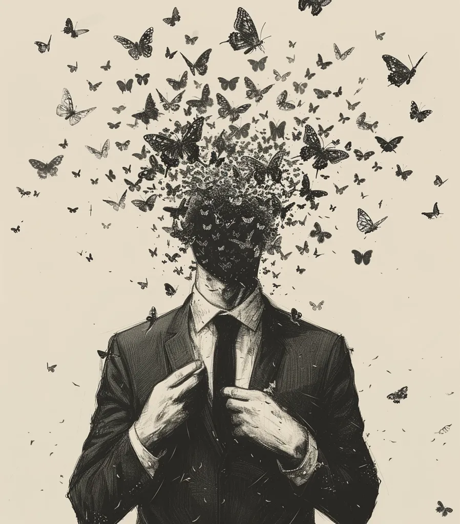 A man in a suit stands with his head replaced by a swarm of butterflies, all facing outward. His hands are adjusting his tie, creating a sense of unease and a  question about his true nature. The background is a light beige, allowing the black and white figures to stand out.  The image evokes a sense of transformation, fragility, and the hidden nature of human identity.