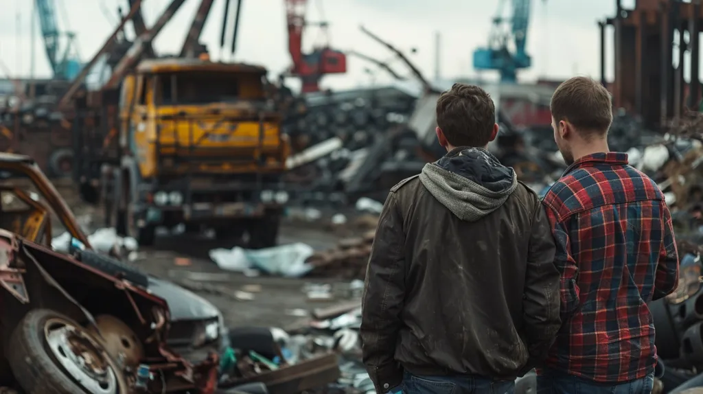 Two men stand in a junkyard, their backs to the camera. They look out at a yellow truck and a pile of debris. The man on the left wears a black jacket and the man on the right wears a red and black plaid shirt. Both men have short hair. The scene is likely a junkyard or scrap yard with many discarded vehicles and parts scattered around.  The air is thick with the smell of rust and metal. The overall atmosphere is one of decay and abandonment.