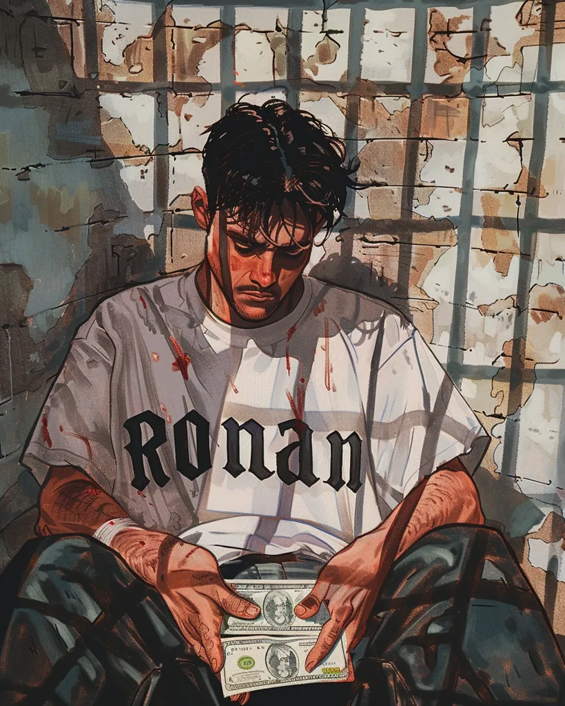 A young man with short, dark hair sits in a prison cell. He is wearing a white t-shirt with the word "Ronan" printed on it, and his clothes are stained with blood. He is holding two bills in his hands, looking down with a serious expression. The cell bars cast shadows on the wall behind him, highlighting the harshness of his situation.