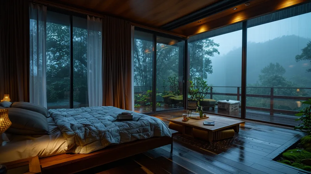 A cozy bedroom with a large bed and plush pillows is illuminated by soft lighting. The room is adorned with wooden accents and features a large window that showcases a breathtaking view of a lush green forest shrouded in mist. The rain falls gently, creating a tranquil and serene ambiance. The image evokes a sense of peaceful solitude and connection with nature.