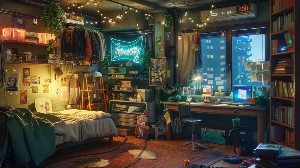 The image depicts a cluttered and cozy bedroom, with a bed, desk, and shelves overflowing with personal belongings. A bright neon sign illuminates the room, while string lights add a warm glow. The window offers a view of a city skyline, and a desk lamp illuminates a laptop screen. The room is a testament to the unique personality of its inhabitant, with a mix of personal touches and practical items.