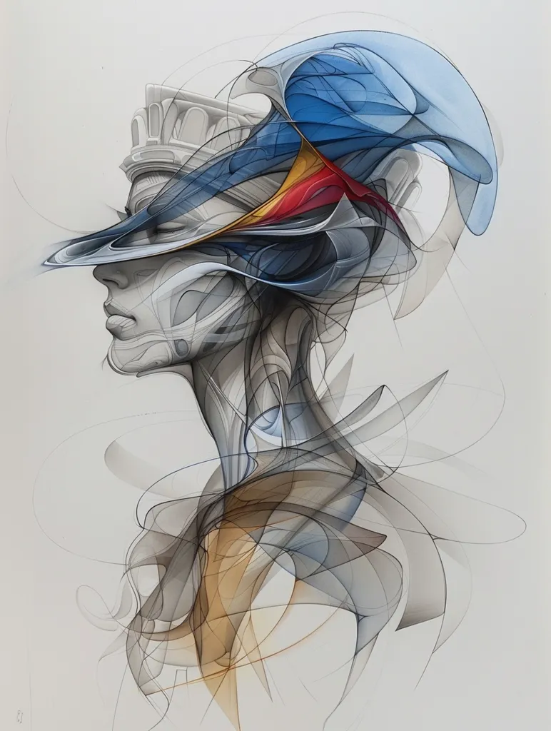 The image is a digital illustration of a woman's head, with abstract, geometric shapes for hair and features. The hair is a mix of blue, red and yellow, with flowing lines in shades of gray and brown. The woman is shown in profile with her head tilted, suggesting a contemplative mood. The art style is abstract and modern, with a focus on form and texture. The overall effect is one of delicate beauty and intricate detail.