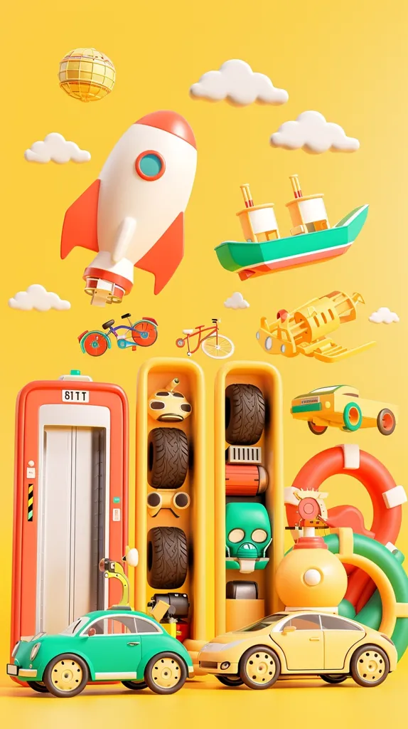 A playful scene featuring a variety of toy vehicles, including a rocket, a boat, a car, and a bicycle. They are arranged on a bright yellow background with clouds and a globe floating above. The scene has a whimsical, cartoonish aesthetic with a strong sense of childhood nostalgia.