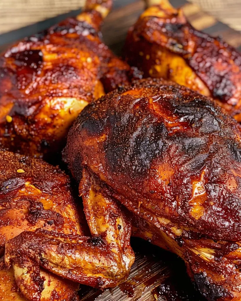 Three roasted chicken legs, glistening with a smoky, caramelized glaze, lie on a wooden surface. The chicken skin is crispy and browned, and the meat is cooked to perfection. The image captures the deliciousness of a home-cooked meal, ready to be enjoyed.