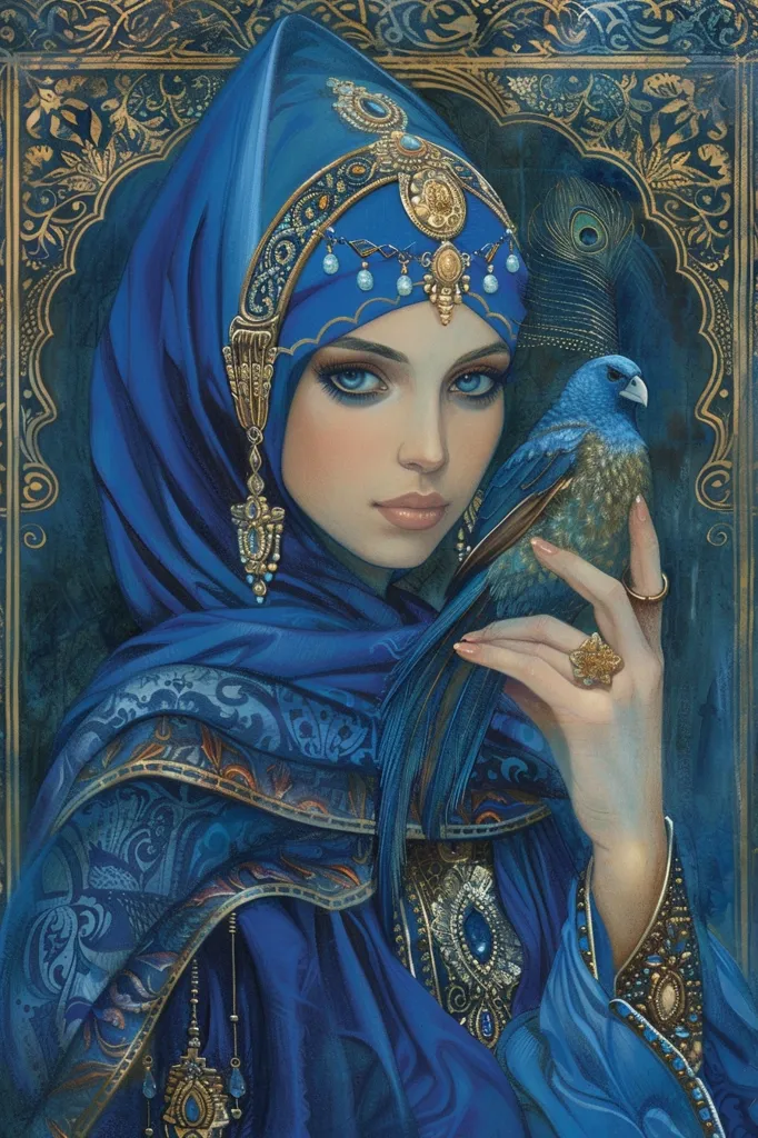 The painting depicts a woman dressed in a luxurious blue robe and head covering, adorned with elaborate gold jewelry and a peacock feather. She holds a small blue bird gently, her gaze soft and contemplative. The rich colors and intricate details create a sense of elegance and mystery, transporting the viewer to a fantastical world.
