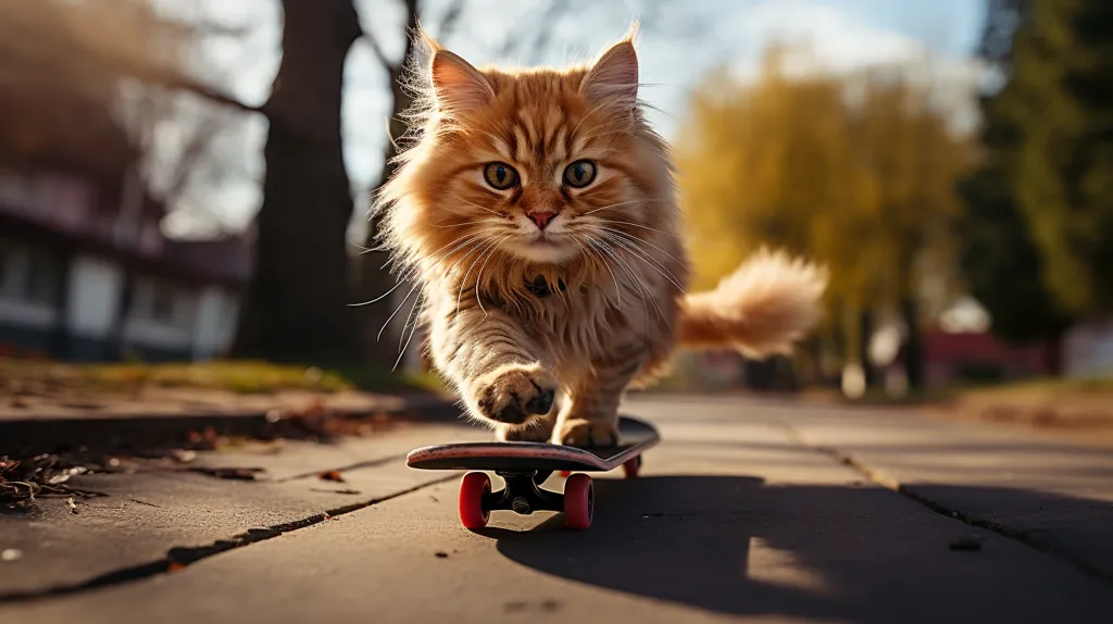 A fluffy ginger cat is skateboarding down a sidewalk. The cat's front paw is raised as if it is pushing off the ground. The cat is in focus, and the background is blurred. The cat is wearing a black collar. The skateboard is black with red wheels. The photo is taken from a low angle.