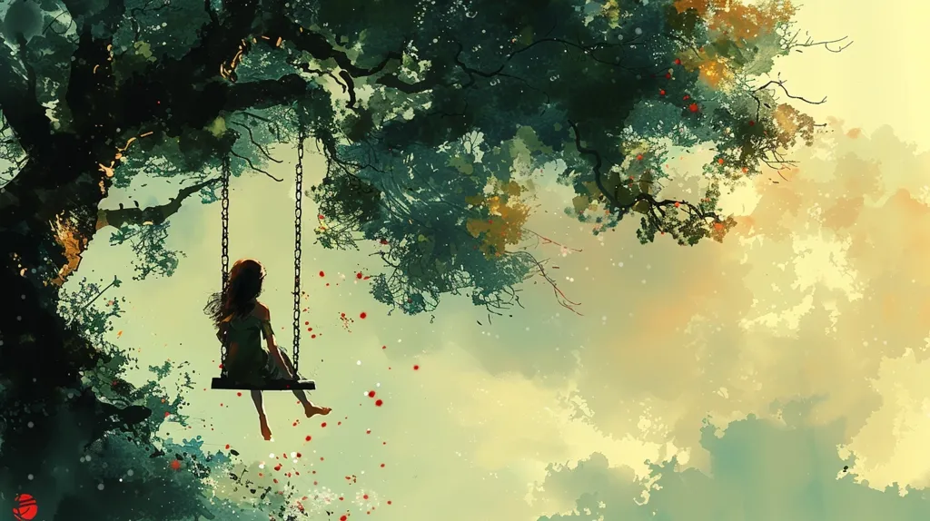 A young woman sits on a swing, her silhouette outlined against the soft, yellow-hued sky. The swing hangs from a large tree, its branches reaching towards the heavens. The air is filled with a gentle breeze, and the leaves of the tree rustle softly. The sky is filled with wispy clouds, and the scene is peaceful and serene. Scattered red dots create a sense of magic in the air, as if the woman is surrounded by a magical aura.  The image has a painterly feel, with soft edges and a dreamlike quality.