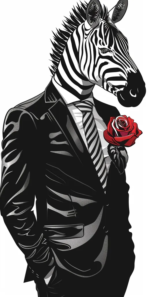 A zebra in a black suit with a striped tie and a red rose in its hand. The zebra's head is turned slightly to the side, and its expression is serious. The zebra is standing in a relaxed pose, with one hand in its pocket. The background is white.