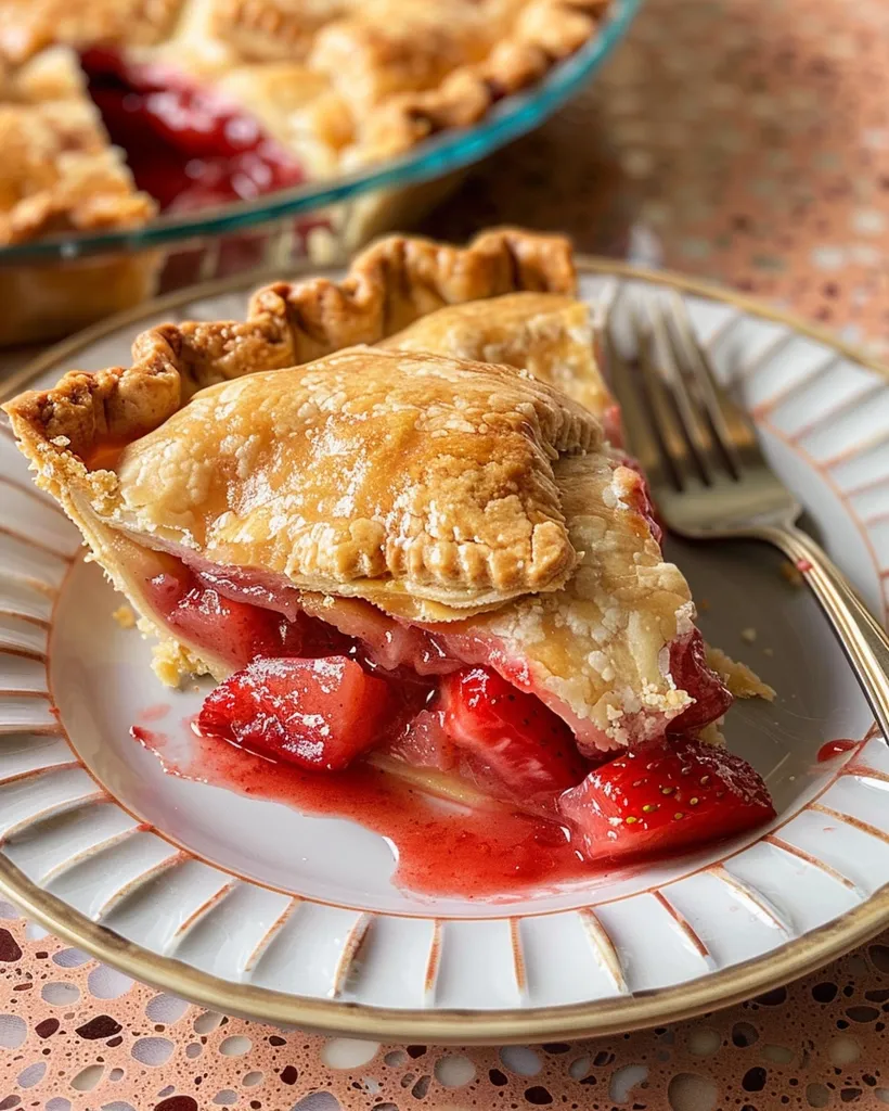 A slice of strawberry pie sits on a white plate with a gold rim. The pie is filled with juicy red strawberries and a golden crust. A fork lies beside the slice, and the pie plate is blurred in the background. The plate is on a speckled countertop.