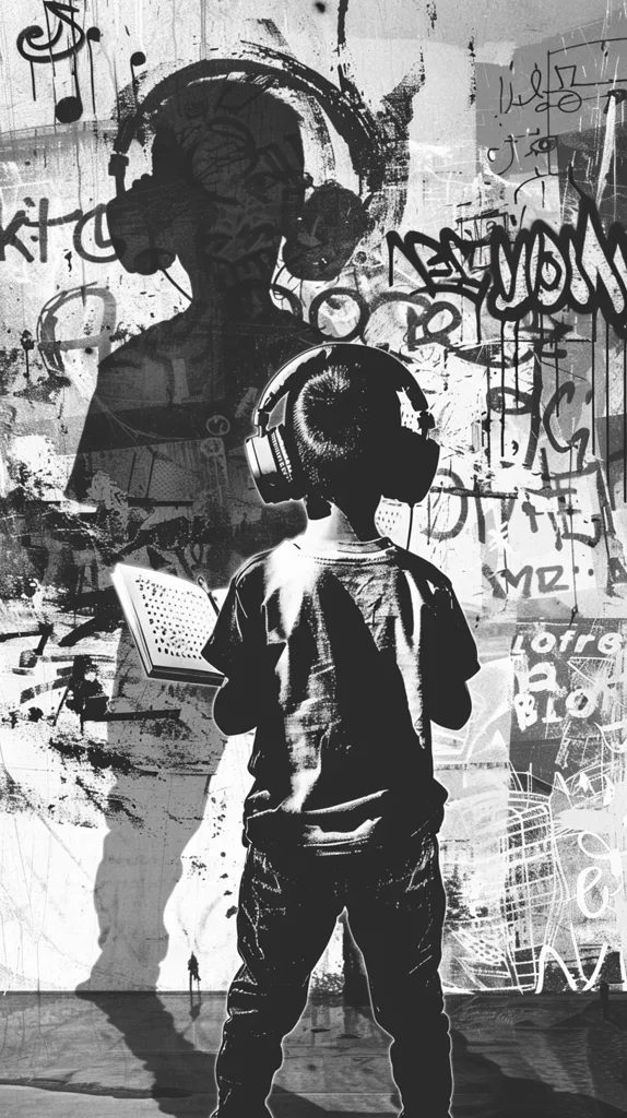 A young person wearing headphones stands in front of a textured urban backdrop. They hold a small keyboard in their left hand, their right arm is obscured.  The image is in black and white with a gritty, textured style. The background includes a large shadow of a person wearing headphones.  The overall image is one of music and urban culture.