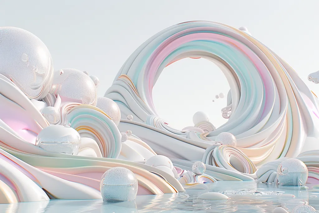 A surreal landscape of swirling white and pastel-colored ribbons, forming a large, circular opening in the center. The ribbons are interspersed with shimmering, transparent spheres of various sizes, reflecting the light. The scene appears to be floating on a still, light blue water. The overall effect is dreamy and ethereal.