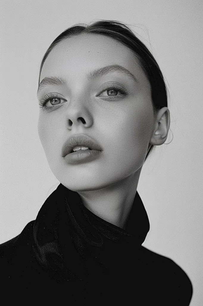 The black and white photograph captures a woman's face, her gaze directed upwards. Her expression is calm and contemplative, with a hint of mystery in her eyes. Her features are delicate, accentuated by her smooth skin. She is wearing a high-necked, dark garment that contrasts with the stark white background, highlighting her beauty.  The image is simple yet powerful, drawing the viewer into the woman's world.