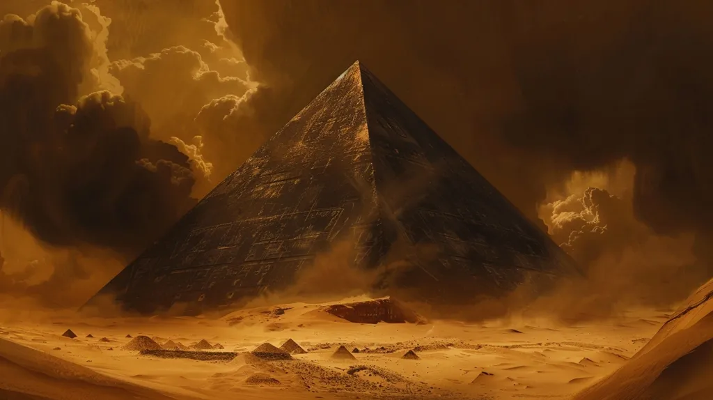 A large, imposing pyramid stands in the center of a vast desert landscape, bathed in golden light. The sky above is filled with dramatic, swirling clouds, casting a sense of mystery and grandeur over the scene. Smaller pyramids surround the main structure, adding to the sense of ancient wonder and a lost civilization.