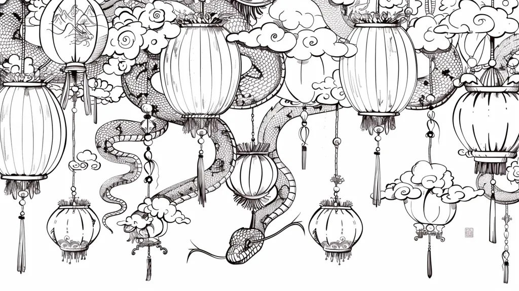 A black and white illustration of a dragon wrapped around Chinese lanterns. The dragon is curled around the lanterns, and its scales are visible. The lanterns are decorated with intricate patterns, and they are hanging from the dragon's body. There are clouds in the background.