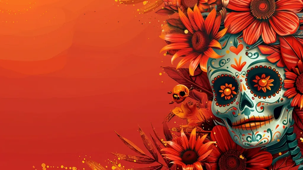 A colorful Day of the Dead sugar skull with ornate designs and large, vibrant eyes is partially obscured by a vibrant bouquet of red and orange flowers. The skull is the focus of the image, while the background fades to a soft orange. Small, golden dots appear scattered throughout the image.