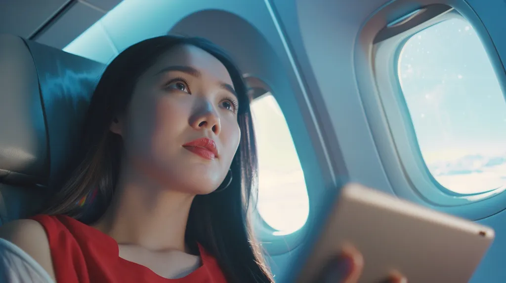 A young woman with long black hair sits in an airplane seat, looking out the window at the clouds. She wears a red top and holds a tablet in her lap. The plane's interior is bathed in a soft, blue light. The woman's expression is thoughtful and calm.