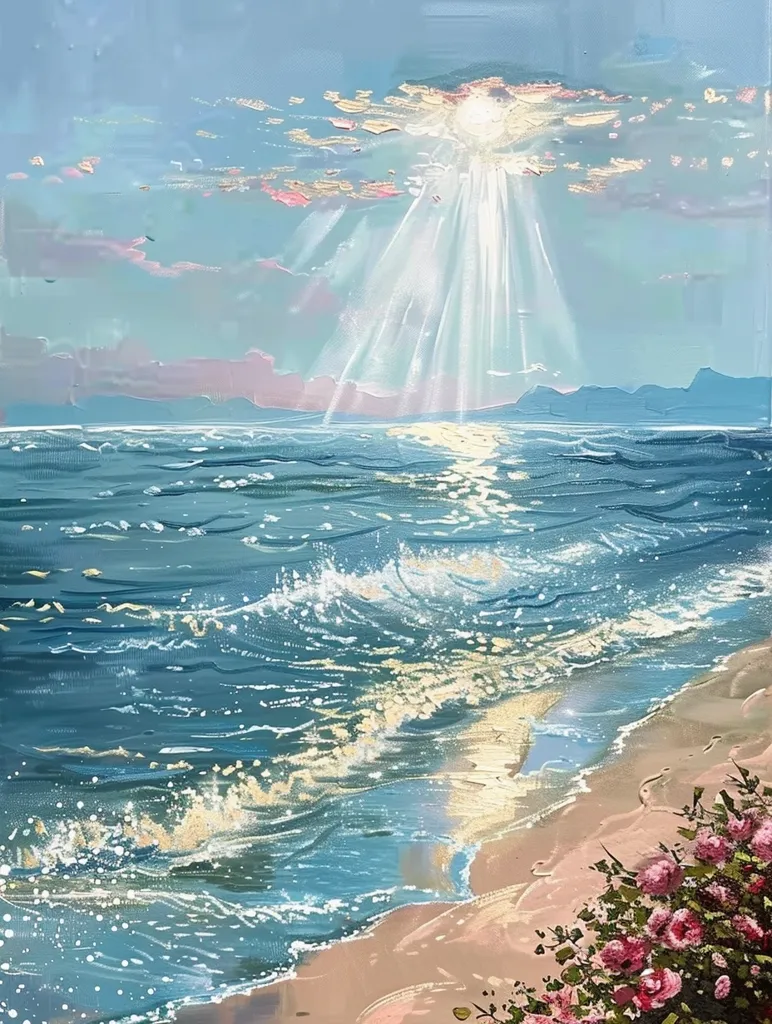 The painting depicts a serene seascape, showcasing a vast expanse of blue water with gentle waves lapping onto a sandy shore. A radiant sun shines through fluffy clouds, casting a warm glow over the scene. Lush pink flowers bloom along the shoreline, adding a touch of vibrant life to the tranquil landscape. The overall atmosphere is one of peacefulness and natural beauty.