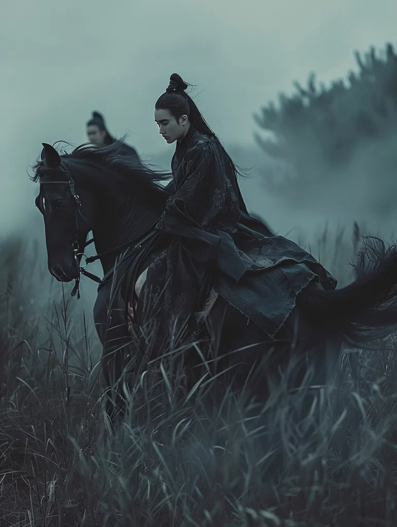 A lone figure, dressed in black, rides a black horse through a misty field. The rider's long dark hair is pulled back in a bun, and their face is obscured by the shadows of their wide-brimmed hat. The horse's mane and tail blend into the background, creating an image of mystery and intrigue. The scene is bathed in a cool, gray light, suggesting a sense of foreboding.
