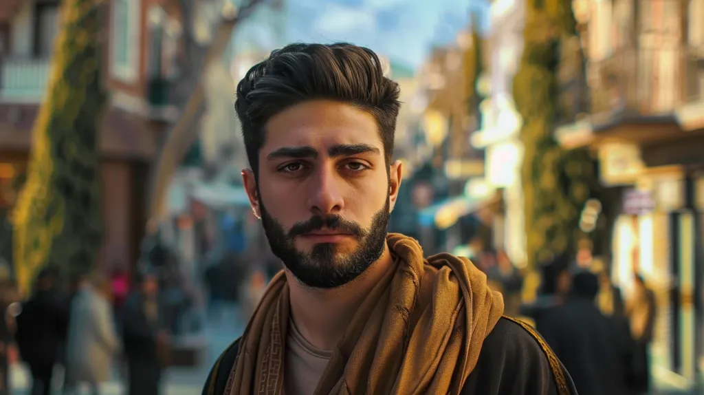 The image shows a young man with dark hair and a beard. He is wearing a brown scarf and looking directly at the camera with a serious expression. The background is out of focus, but it appears to be a city street. The man's appearance suggests he is confident and stylish.