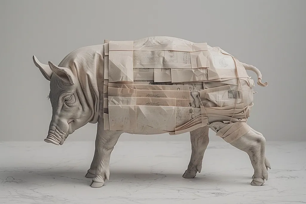 A white ceramic sculpture of a pig is standing on a marble surface. Its body is wrapped in layers of paper, seemingly representing a patchwork of materials or the process of creation. The pig's head is tilted down, and its eyes are closed, suggesting a sense of contemplation or vulnerability. The sculpture has a minimalist aesthetic and evokes a sense of both fragility and strength.