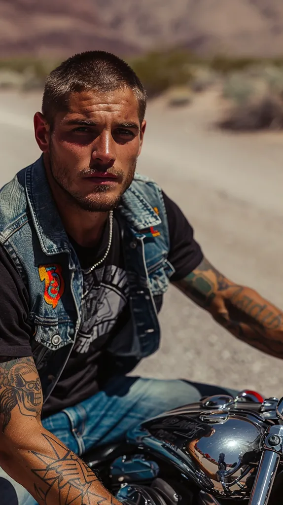 A young man with short brown hair and a goatee sits on a motorcycle, facing the camera. He wears a black t-shirt, a blue denim vest with patches, and blue jeans. His left arm is tattooed, and he is looking directly at the viewer. The motorcycle is in focus, with a shiny chrome gas tank. The background is out of focus, suggesting a desert environment.