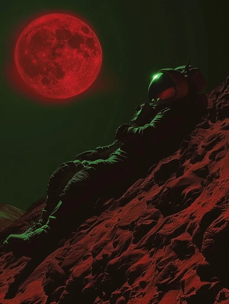 A lone astronaut, silhouetted against a blood-red moon, sits on a rocky, red-hued landscape. The astronaut's helmet reflects a green light, creating a stark contrast against the dark sky. The scene evokes a sense of isolation and contemplation in a desolate and alien environment.