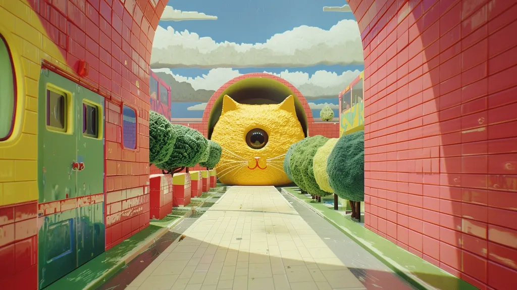 The image depicts a surreal, cartoonish street lined with red brick buildings and lush green bushes. At the end of the street, a large, yellow cat head with a single, black eye peeks out from a round opening in the building. The scene is vibrant and playful, with an almost childlike sense of whimsy.