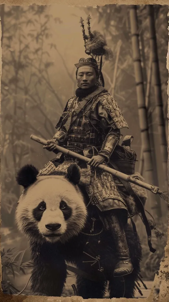 A warrior in full armor and a feathered headdress sits atop a giant panda. They are both in a forest setting, with bamboo stalks visible in the background. The image has a sepia tone, giving it a vintage feel. The warrior holds a long staff in their hand, and the panda looks calmly ahead. The scene appears to be a fantastical representation of a warrior and their mount.