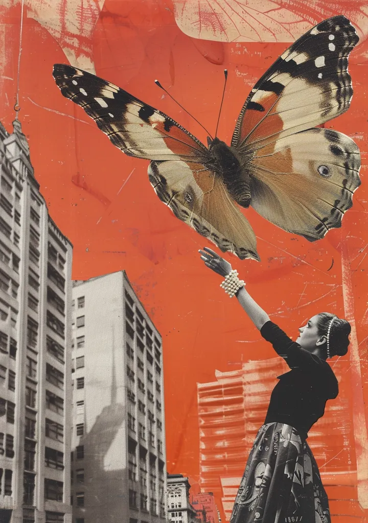 The image is a collage featuring a large butterfly against a vibrant orange background.  A woman in a black dress with a patterned skirt reaches up towards the butterfly, seemingly trying to catch it.  Tall, windowed buildings line the edges of the image, creating a sense of urban life.  The artwork blends surrealism and realism, creating a captivating and slightly whimsical mood.