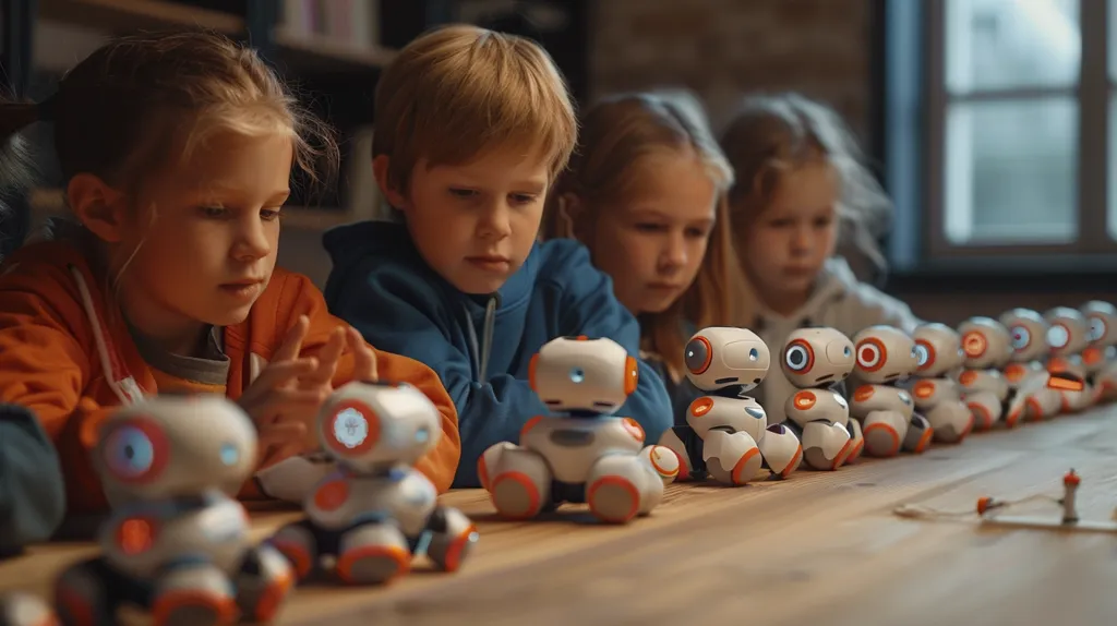 Four children are playing with a line of small, white robots with orange accents. The children are seated at a wooden table, and they are looking intently at the robots.  One of the children is holding one of the robots in their hand, and the others are reaching out to touch them. The robots are all lined up in a row, and they are all facing the same direction. The children are enjoying playing with the robots.