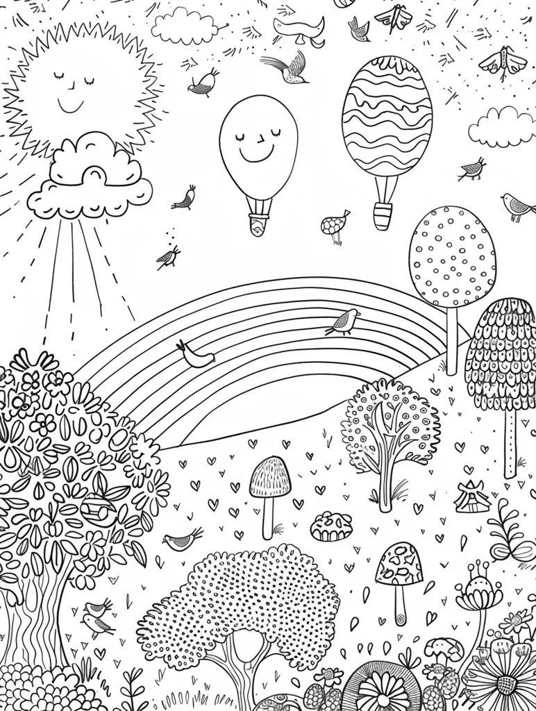 The image is a black and white illustration of a whimsical landscape. It features a smiling sun, a cloud, two hot air balloons, birds, and a rainbow. There are many trees, flowers, and mushrooms scattered throughout the scene.  The drawing is in a simple, childlike style with a focus on nature.  It is a calming and imaginative scene that suggests a happy and playful world.