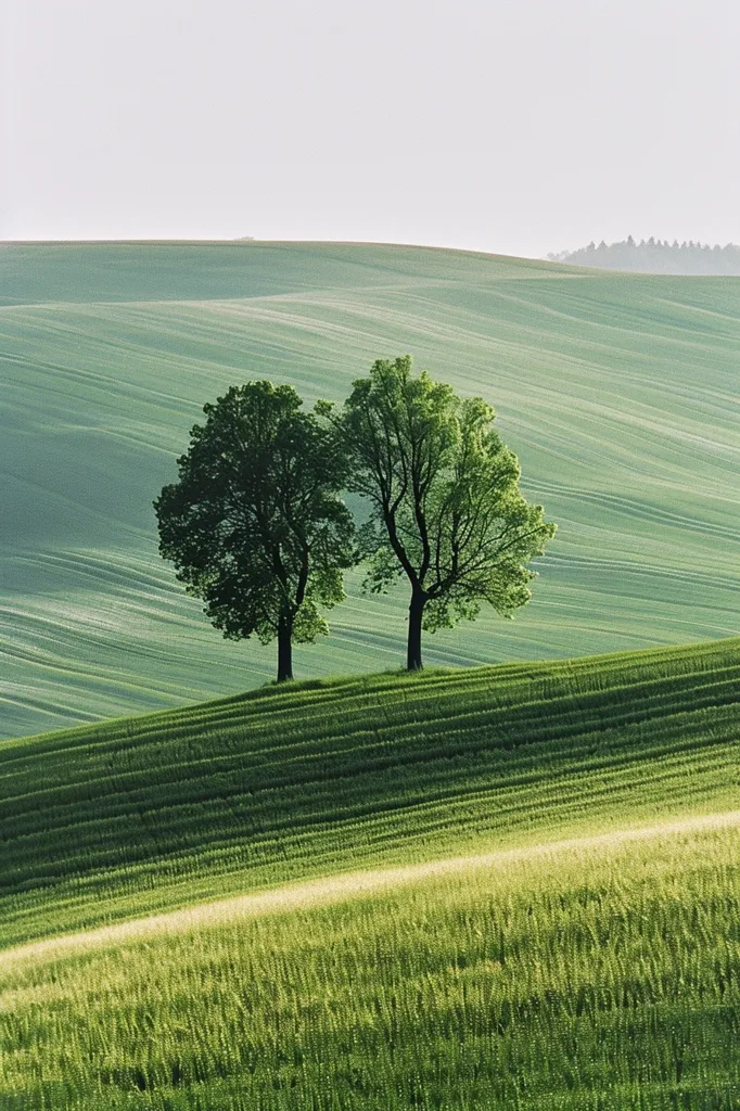Two trees stand silhouetted against a rolling, green hillside. The trees are positioned on a ridge that slopes gently downwards towards the bottom of the frame. The background is a hazy, pale sky. The overall impression is one of tranquility and peaceful beauty.