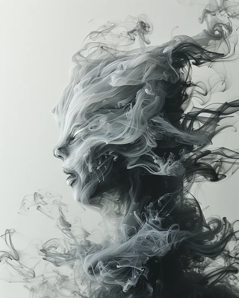 The image depicts a stylized human figure, formed from swirling black and white smoke. The figure is in profile, facing to the left, with its features obscured by the swirling smoke. The background is a simple white, allowing the figure to stand out. The image has a surreal and otherworldly feel, suggesting the ephemeral nature of smoke and the human form.
