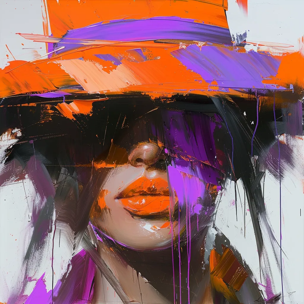 The painting depicts a woman's face, partially obscured by a large orange hat with a purple band. The vibrant colors and thick brushstrokes create a bold and expressive style. The woman's lips are painted a bright orange, while the background is a mixture of white and black. The painting evokes a sense of mystery and intrigue.