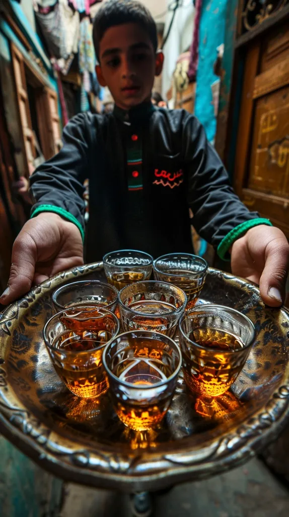 A young man wearing a black shirt with red and green accents holds a tray of small glasses filled with amber liquid. The glasses are arranged in a circle on the tray, which has intricate carvings. The man's hand is extended towards the camera, and his face is partially obscured by his hand. The background is a blurry image of a narrow street with colorful walls. The image conveys a sense of tradition and hospitality.