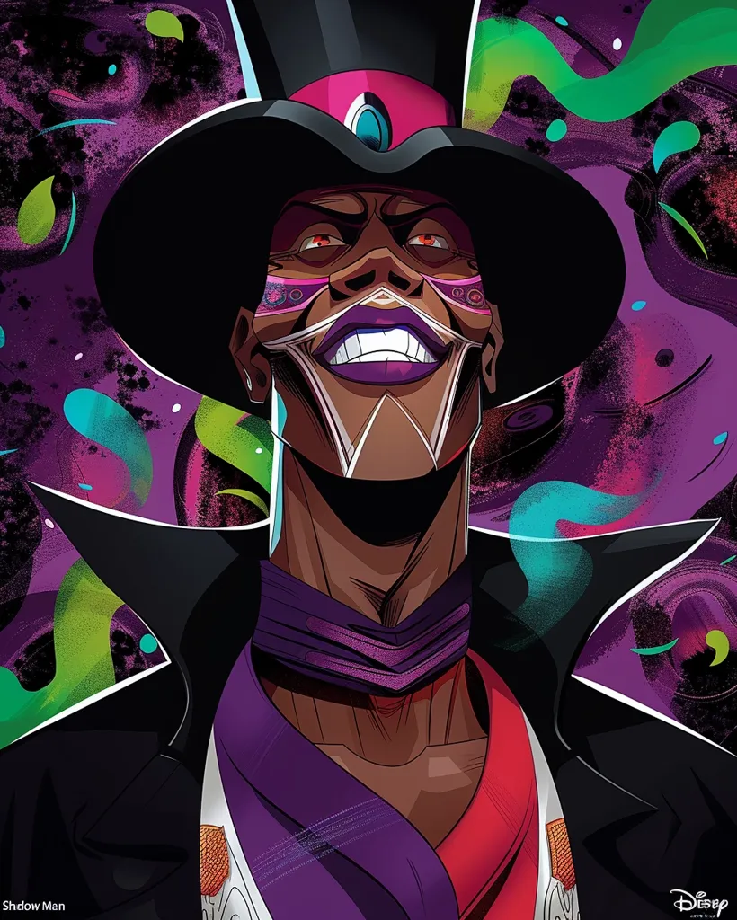 The image shows a cartoon character with a large, black top hat, a white face mask, and a purple scarf. He is looking up with a wide, toothy grin. The background is a vibrant swirl of green, pink, and purple, with small, light blue and white dots scattered throughout. The character has a very dramatic, stylized appearance, suggesting a villainous or mystical character.