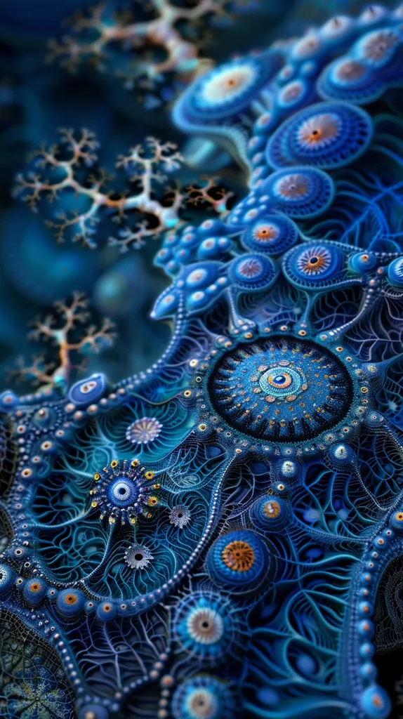 A close-up of an intricate, abstract fractal design. It features a complex network of swirling patterns in shades of blue, with circular elements and smaller details. The design resembles a biological organism, perhaps a coral or a cell, with its intricate branching and circular structures. The image is mesmerizing and evokes a sense of depth and complexity.