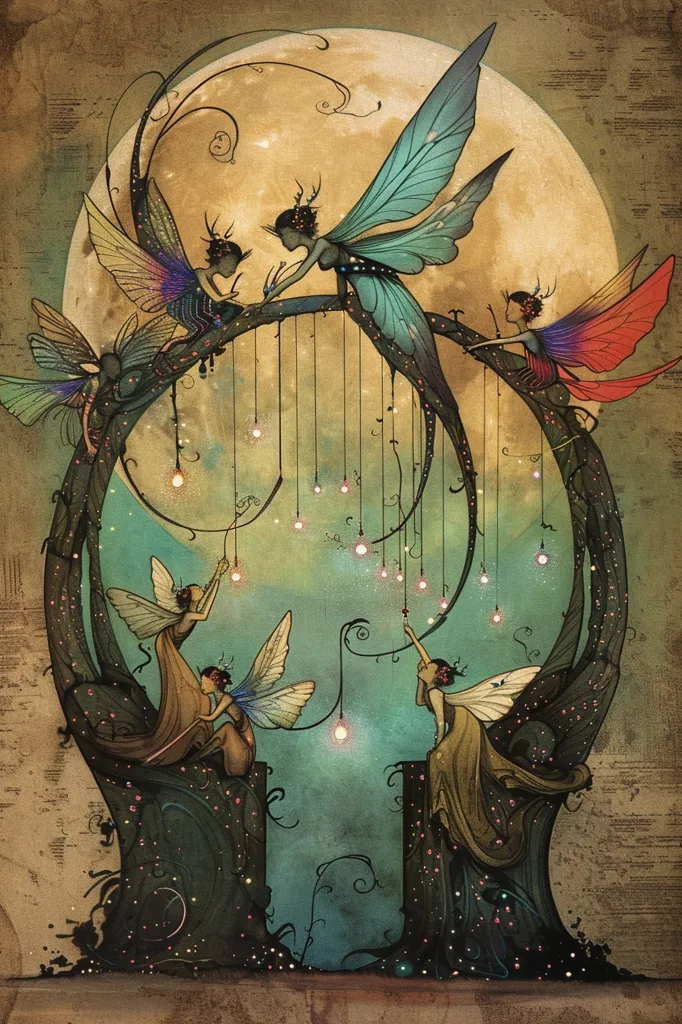 A fantastical illustration depicting six fairies interacting with a large, luminous moon.  The fairies have delicate wings and are adorned with sparkling lights. They are gathered around a large, ancient tree with vines and branches intertwined. A sense of magic and wonder fills the air.