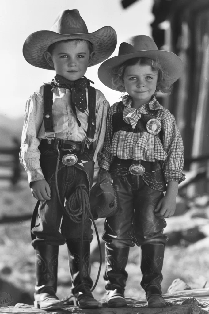 Two children, a boy and a girl, dressed in cowboy attire stand side by side. The boy wears a white shirt, suspenders, and a cowboy hat, while the girl wears a plaid shirt and a brown cowboy hat. They both wear boots and stand on a wooden platform, with the girl holding a lasso. The image is in black and white.